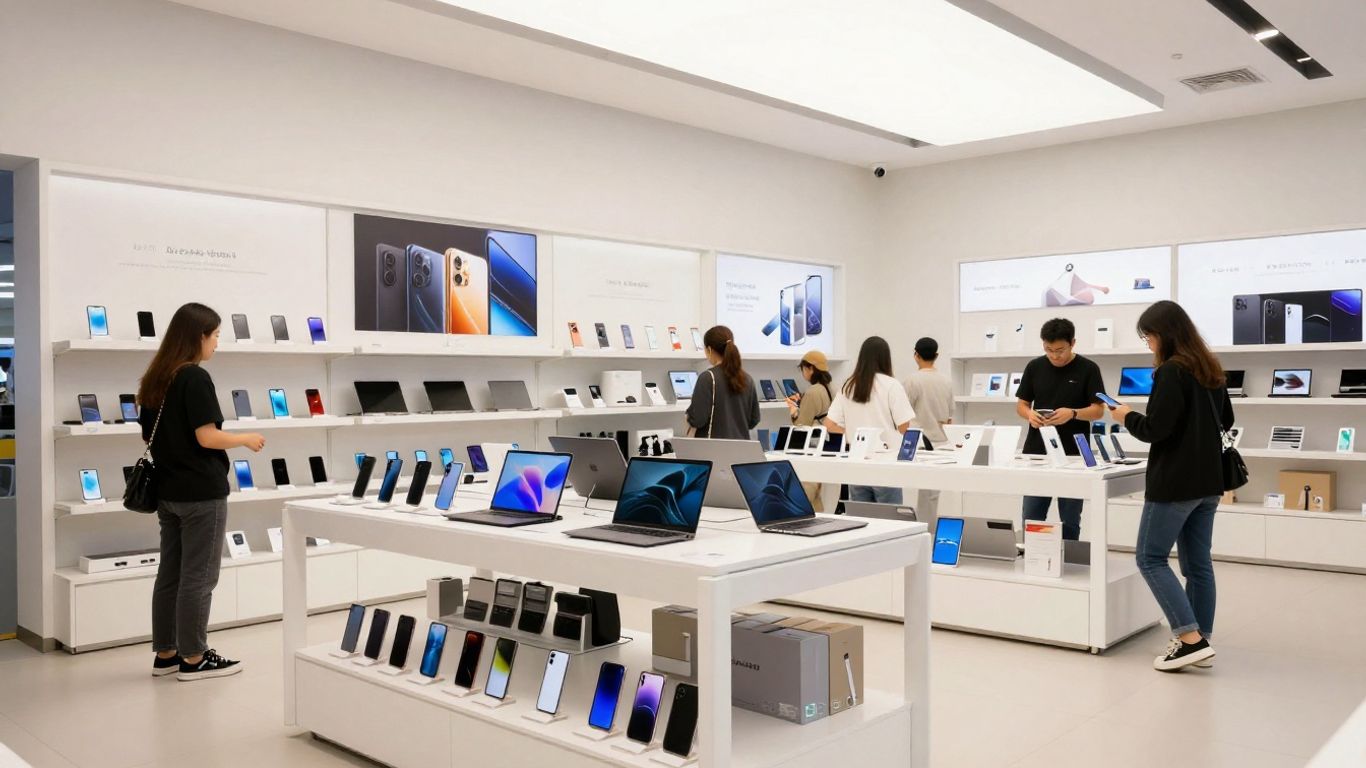 People browsing electronics in a bright technology store