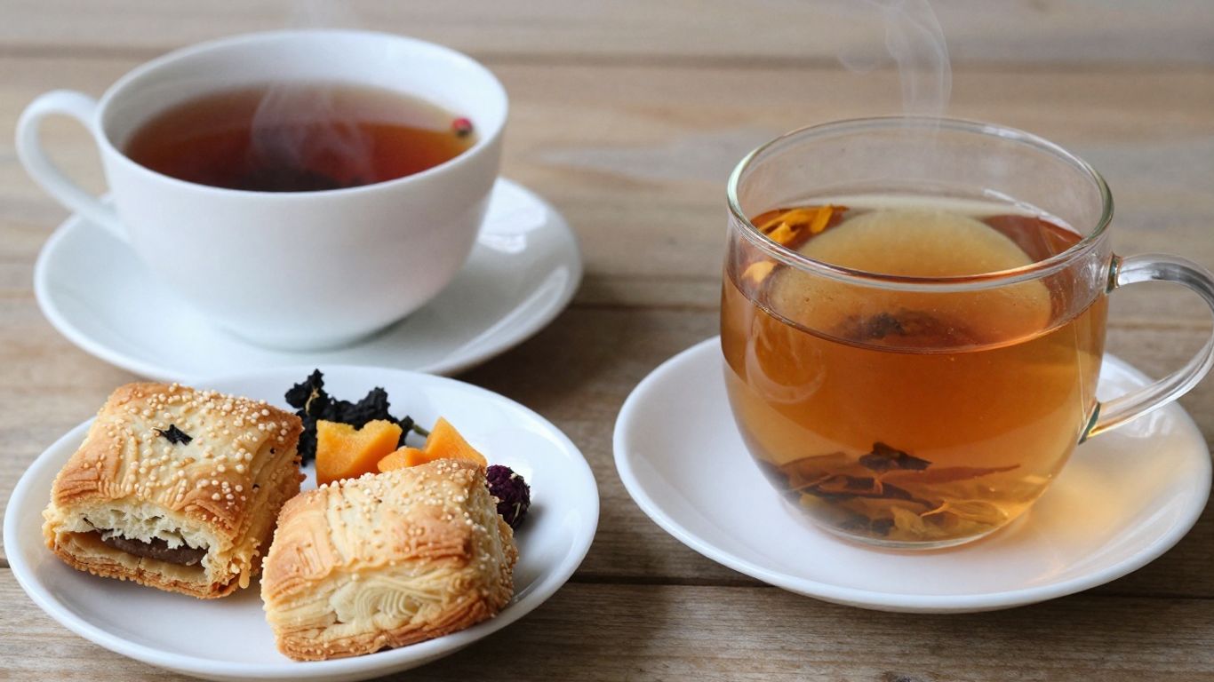 Cups of tea and accompanying food items.