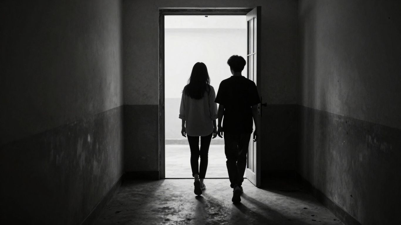 Persona caminando por un pasillo oscuro hacia una puerta.