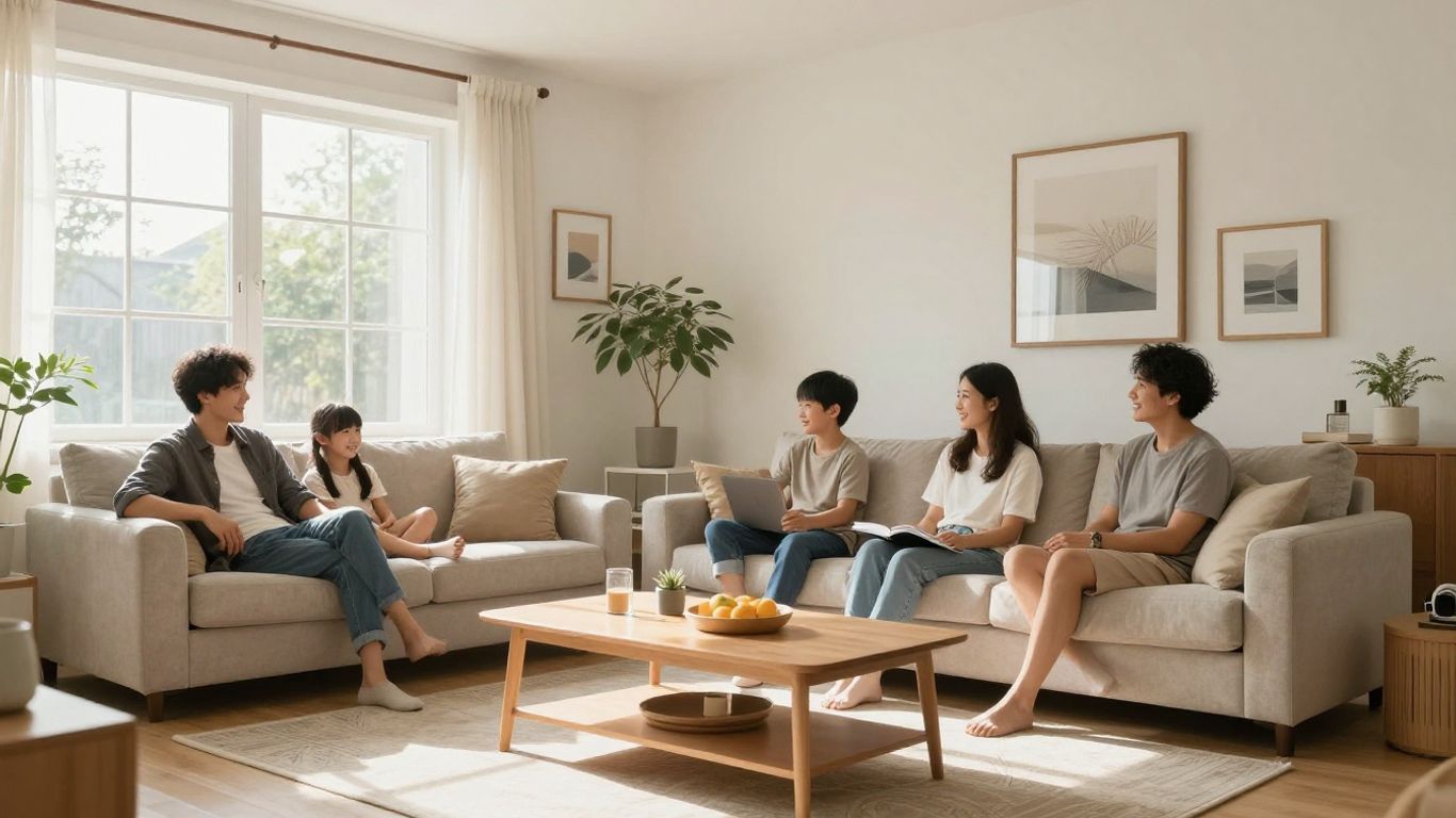 Familia sonriendo en una casa segura y protegida.