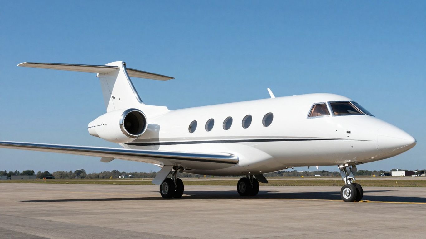 Sleek private jet flying over a luxurious landscape.
