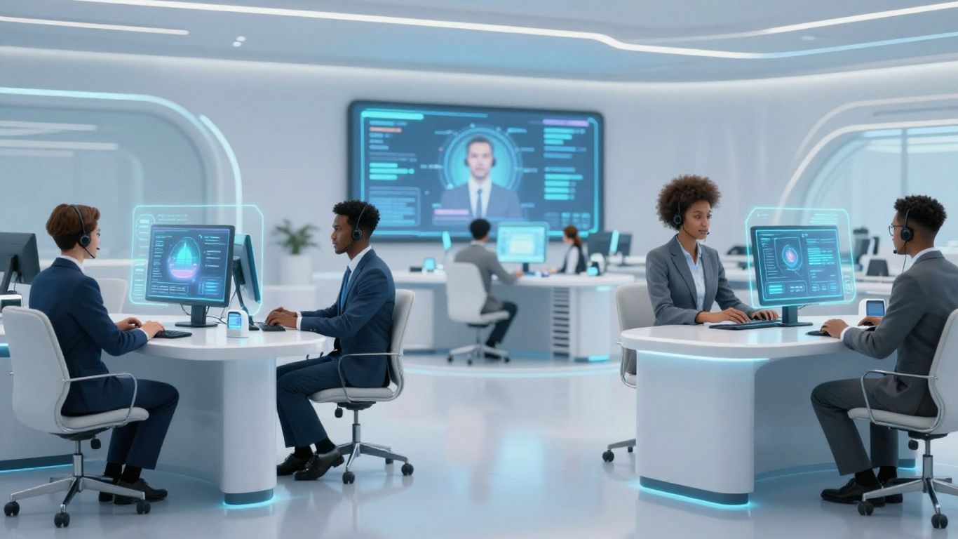 Futuristic customer support with AI and human agents.
