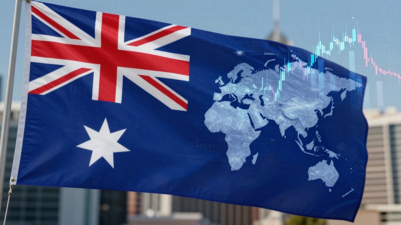 Australian flag with financial charts and cityscape.