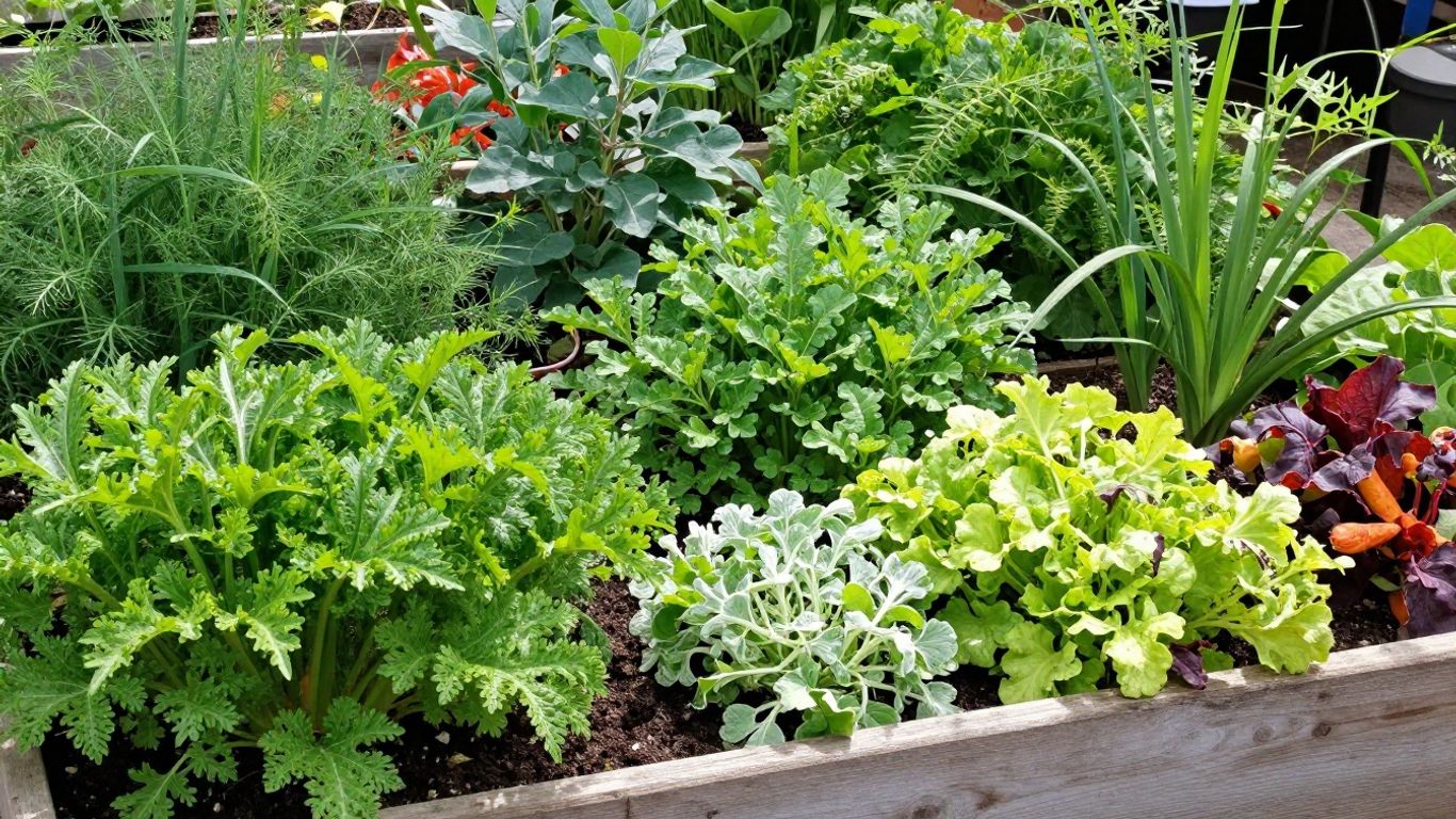 Üppiges Hügelbeet mit vielen verschiedenen Gemüsesorten und Kräutern.
