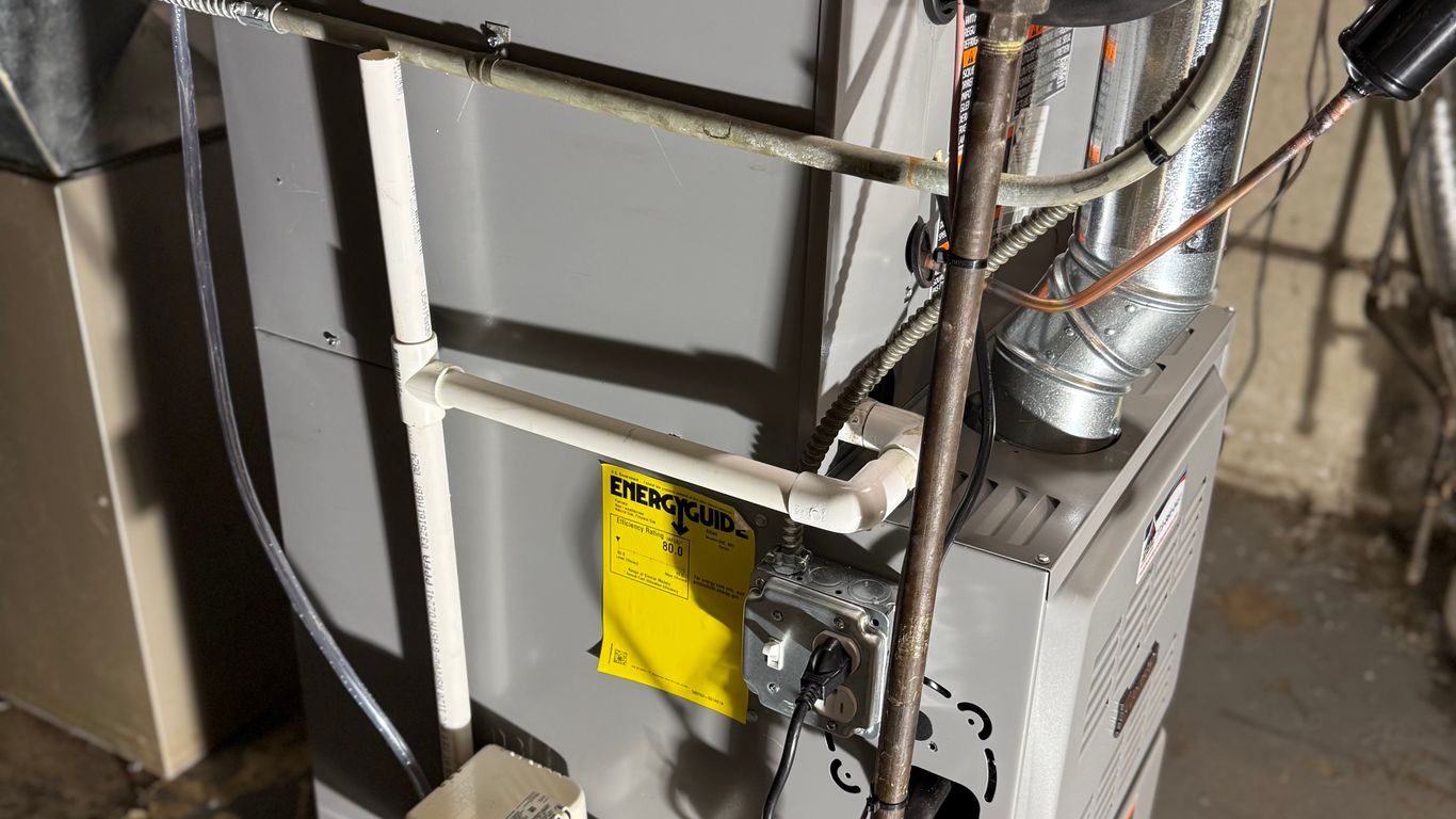 A furnace with an energy guide sticker and various pipes.