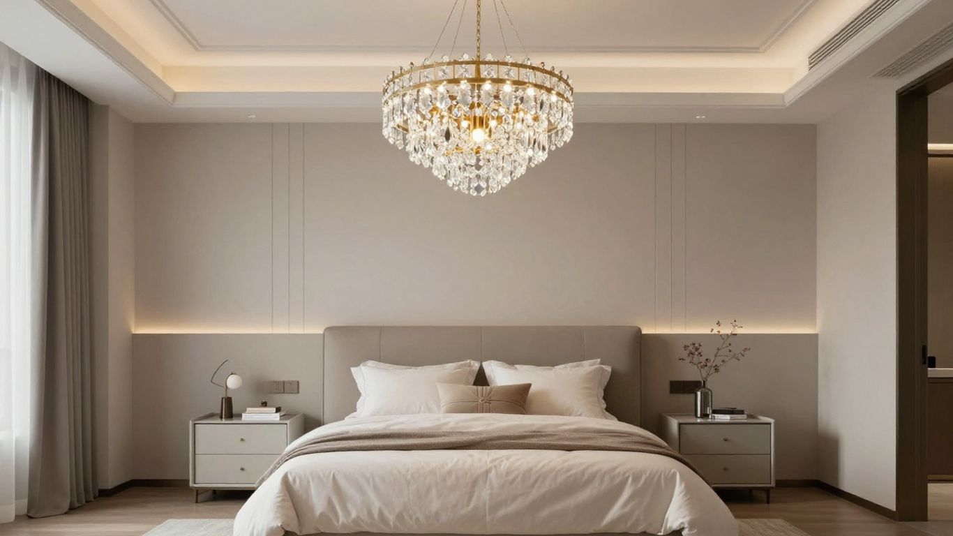 Modern bedroom with a large crystal chandelier.