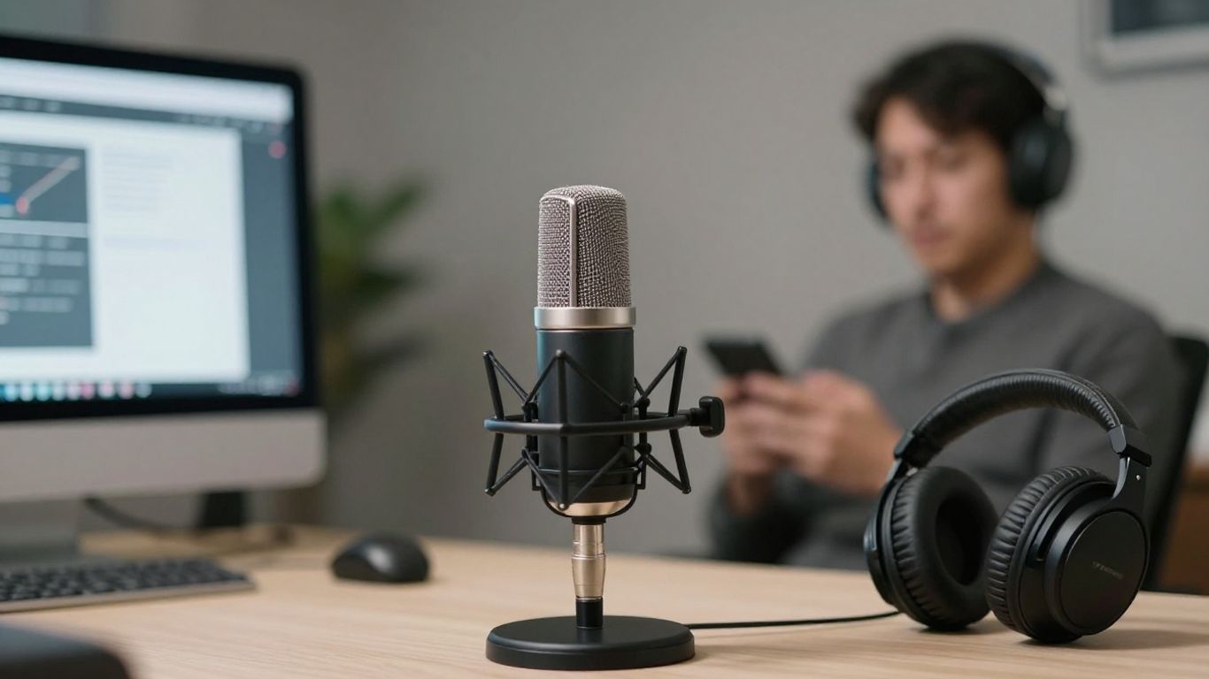 Podcast microphone and headphones in a studio setting.