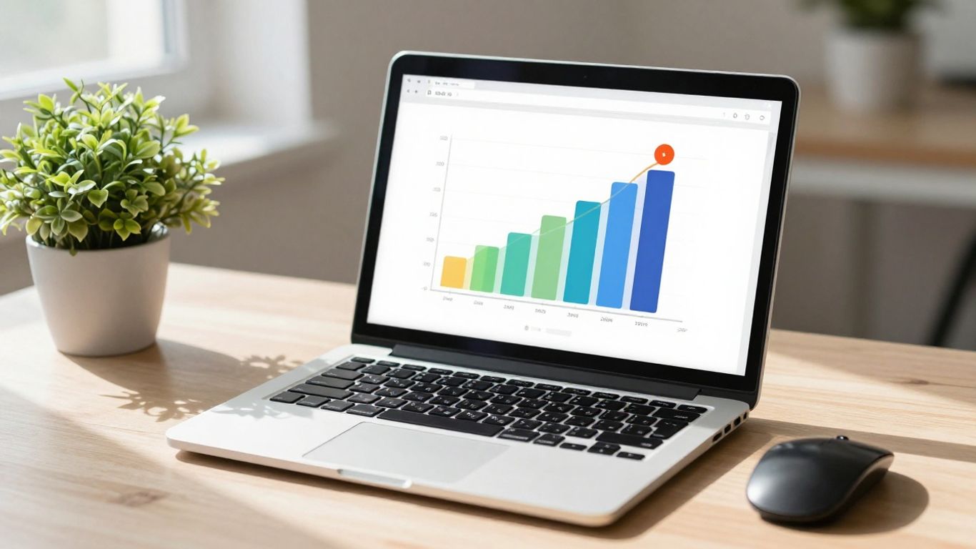 Laptop screen showing website growth and SEO data.