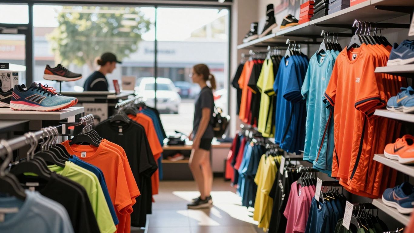 Sports store interior with athletic gear and running shoes.