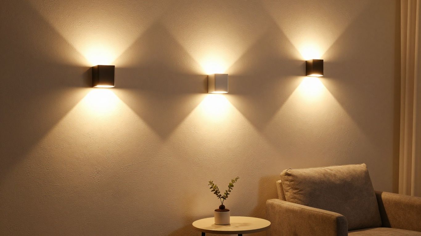 Plug-in wall lights illuminating a living room corner.