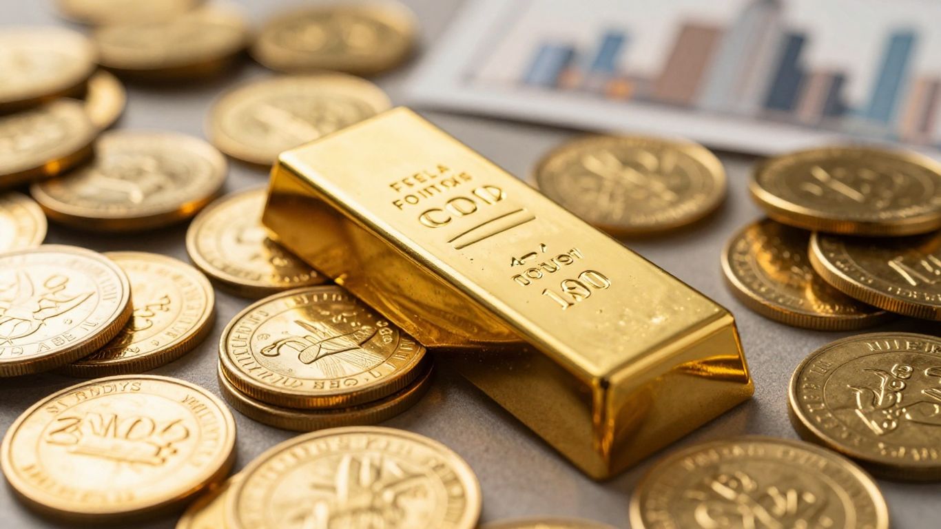 Lingot d'or et pièces d'or, symbole de richesse et d'investissement.