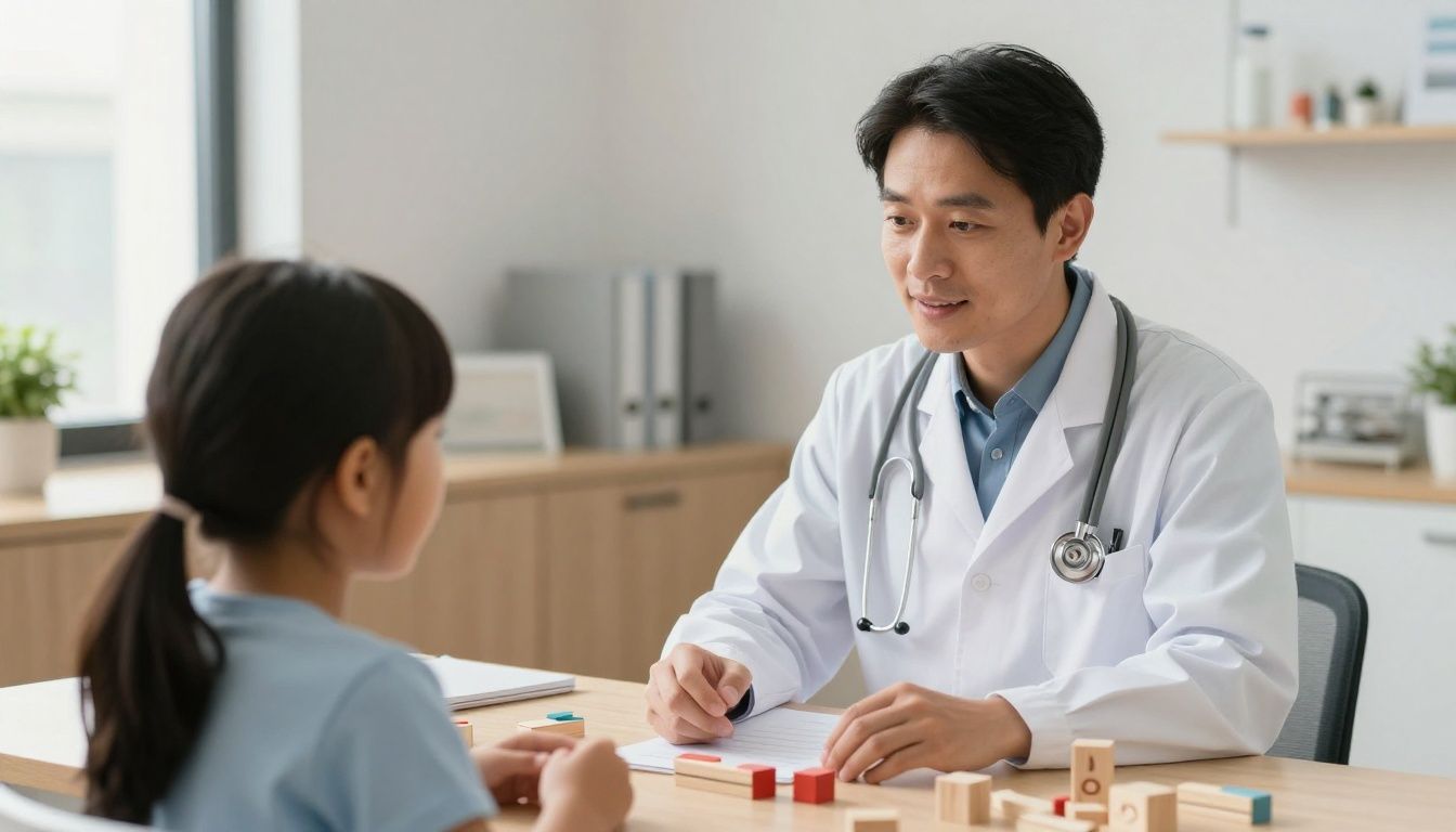 A compassionate pediatrician sitting in a warm, bright office talking to a young child with building blocks on the desk