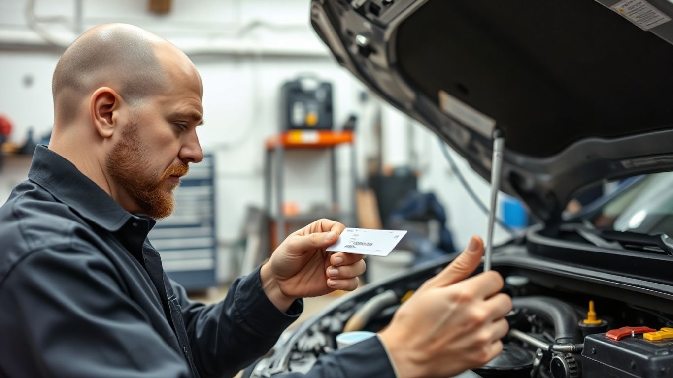 Technician checking vehicle parts and VIN