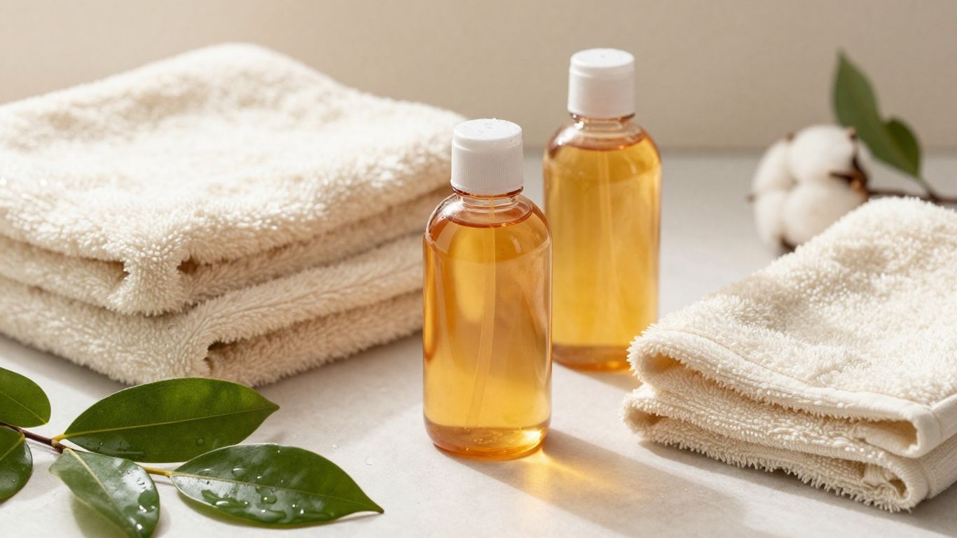 A few lubricant bottles beside soft towels