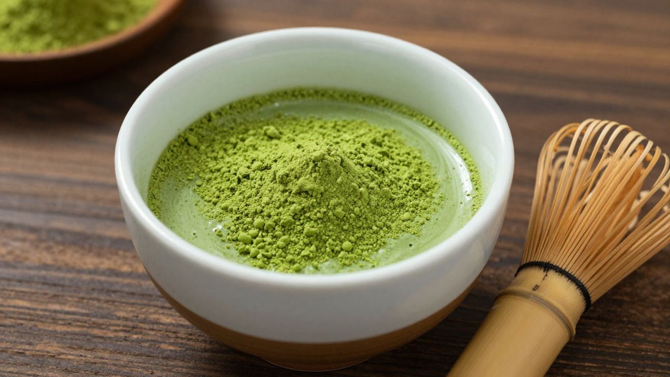 Bowl of bulk ceremonial matcha with bamboo whisks.