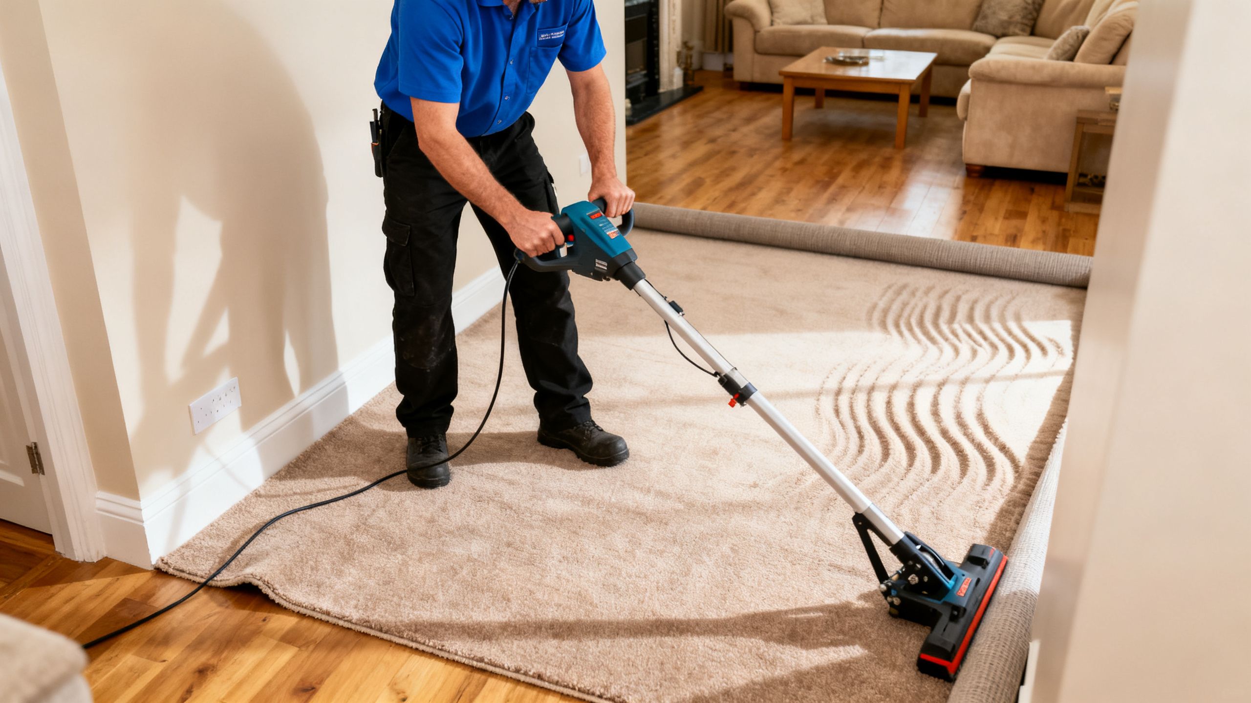 Professional carpet fitter using a power stretcher to remove broad ripples from a fitted living-room carpet in a Bristol home