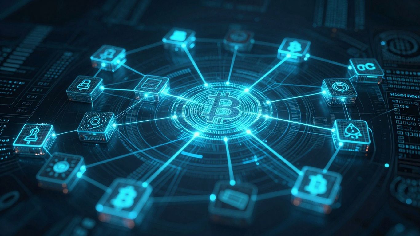 Interconnected digital blocks forming a secure ledger.