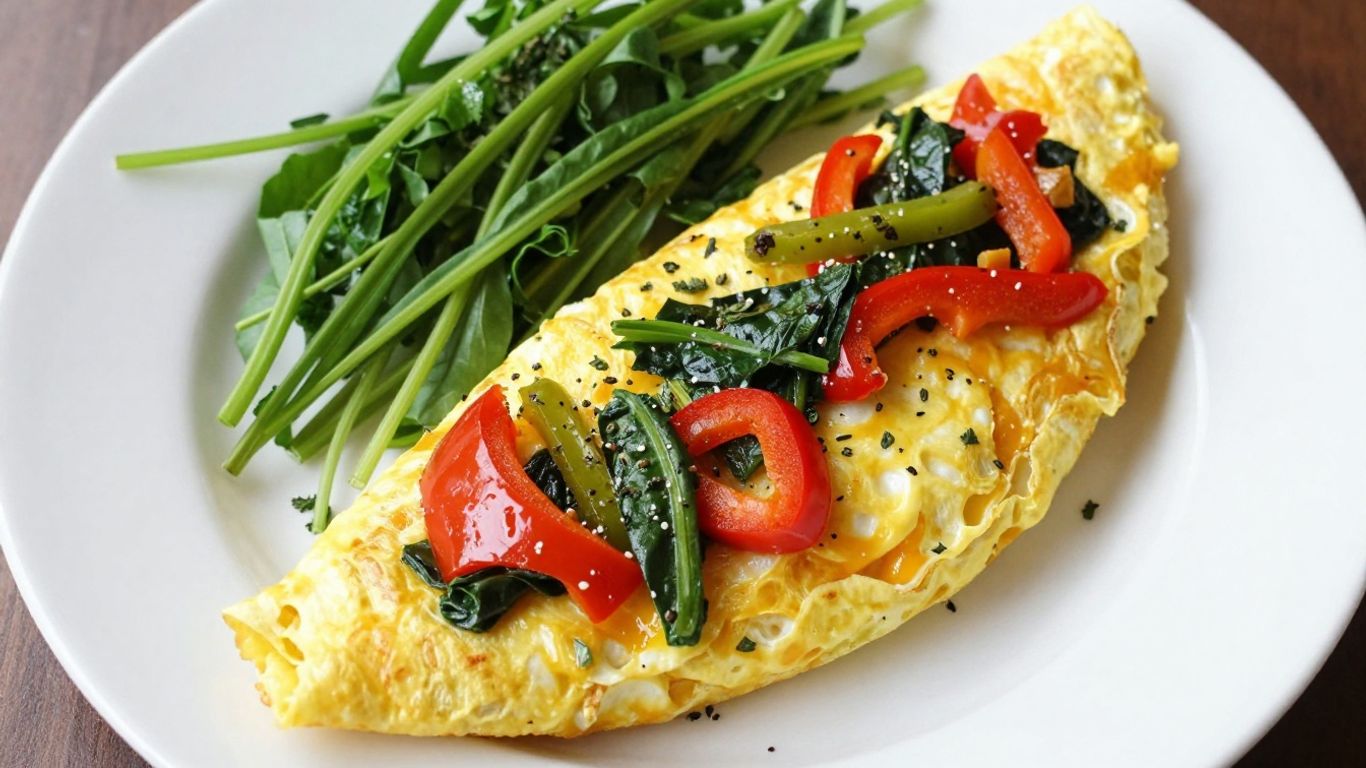 Healthy egg dinner with colorful vegetables and fresh greens.