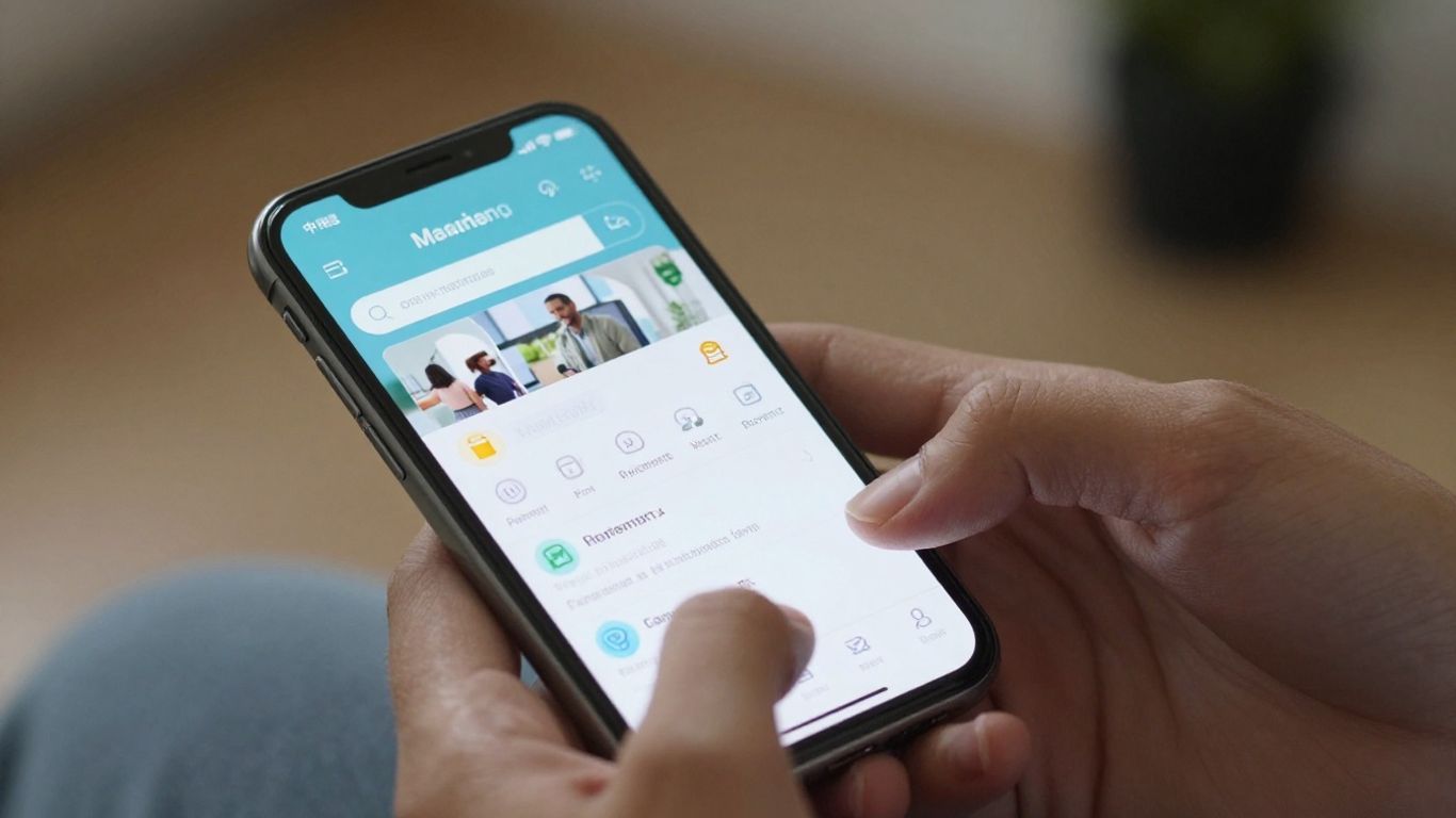 Person holder telefon med betalings- og kommunikationsikoner.