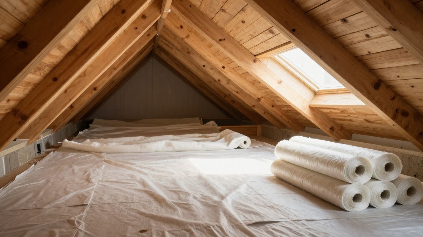 Isolation des combles avec matériaux et poutres en bois.