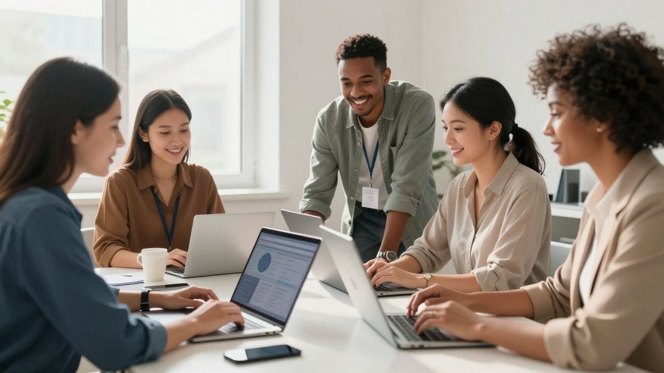 People working together with digital interfaces in an office.