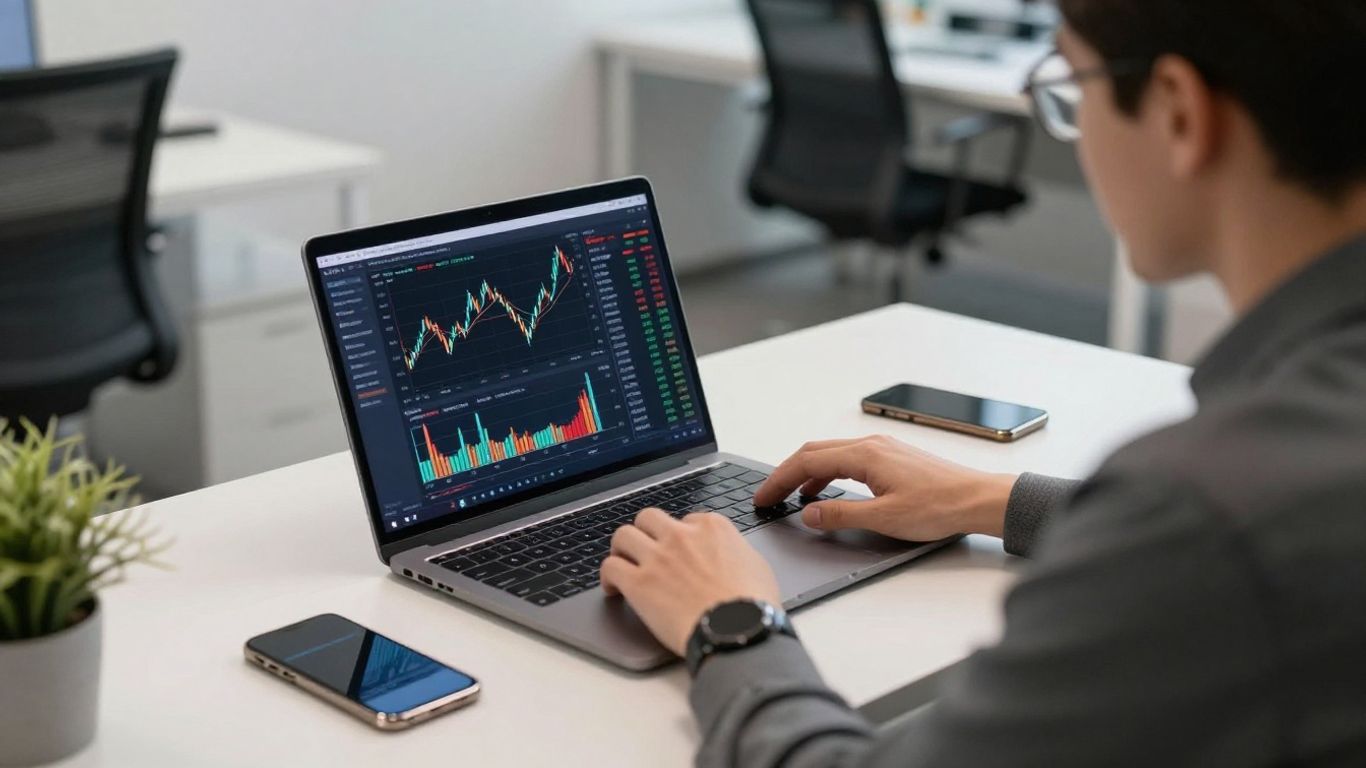 Forex trading desk with charts and smartphone.