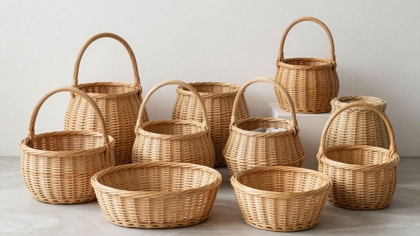 Assortment of natural woven rattan storage baskets.
