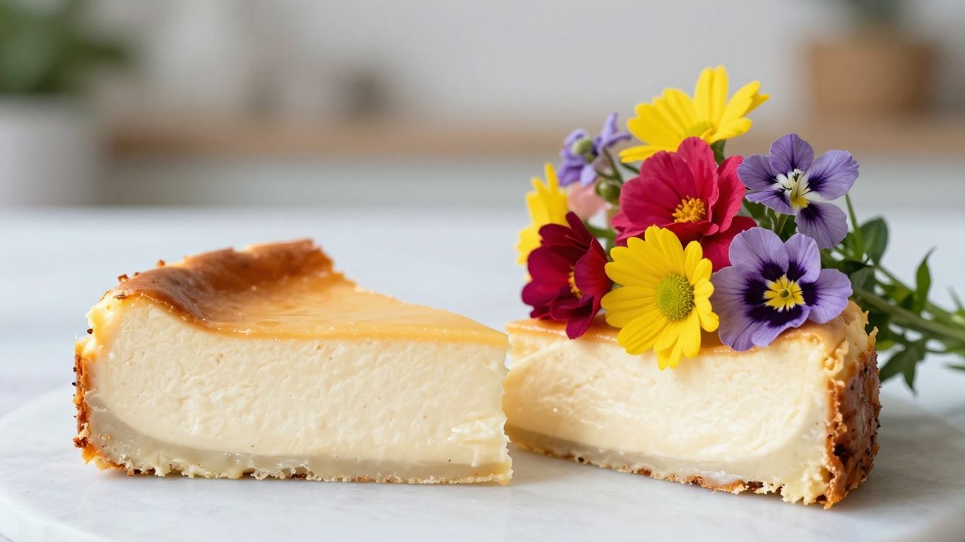 Cheesecake slice with a small bouquet of colorful flowers.