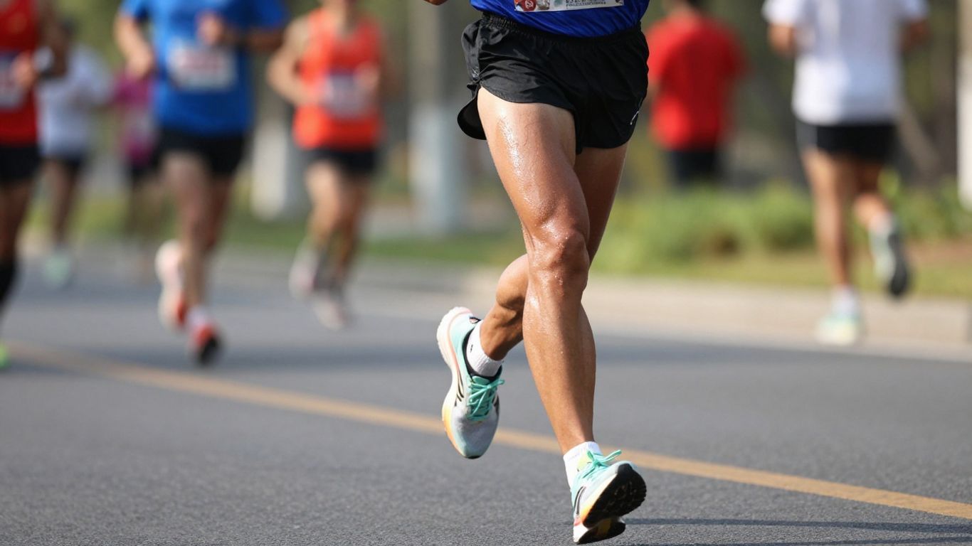 Runner training for a marathon on a road.