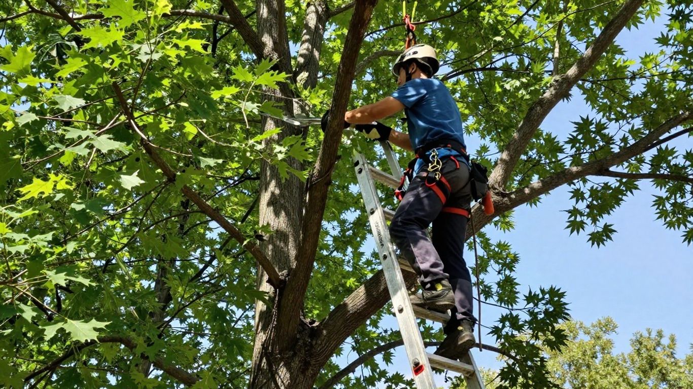 Arborist pruning a large tree branch with safety gear.
