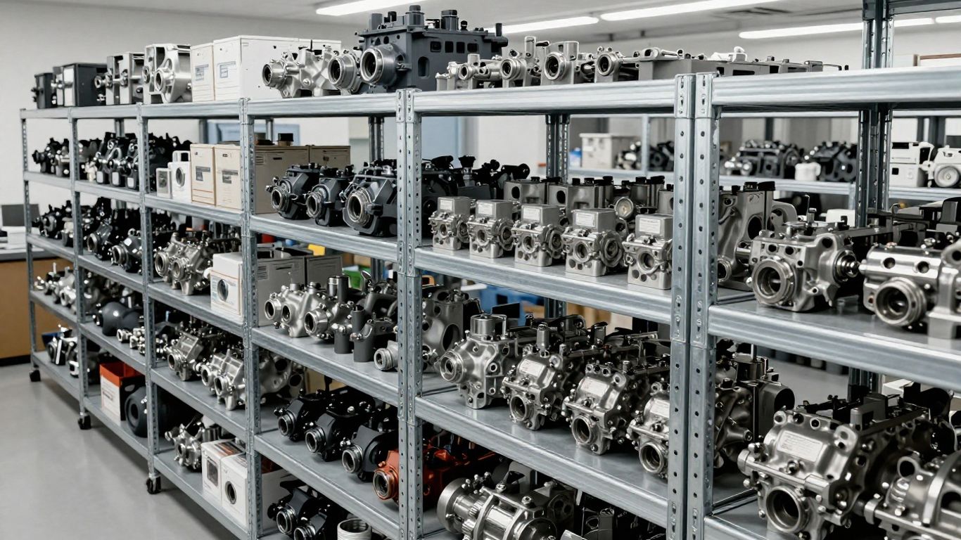 Close-up of shelving unit with car parts