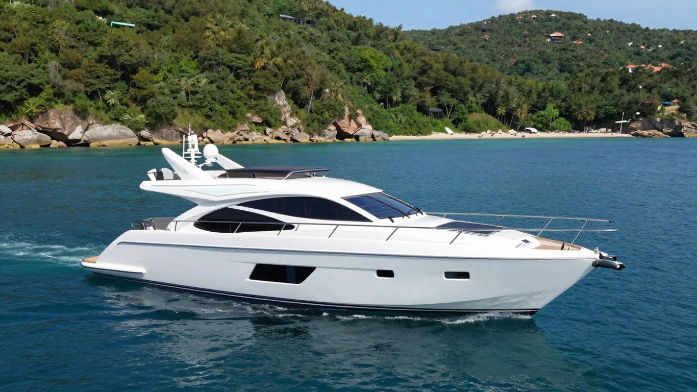 Modern Russian yacht on calm sea with solar panels.