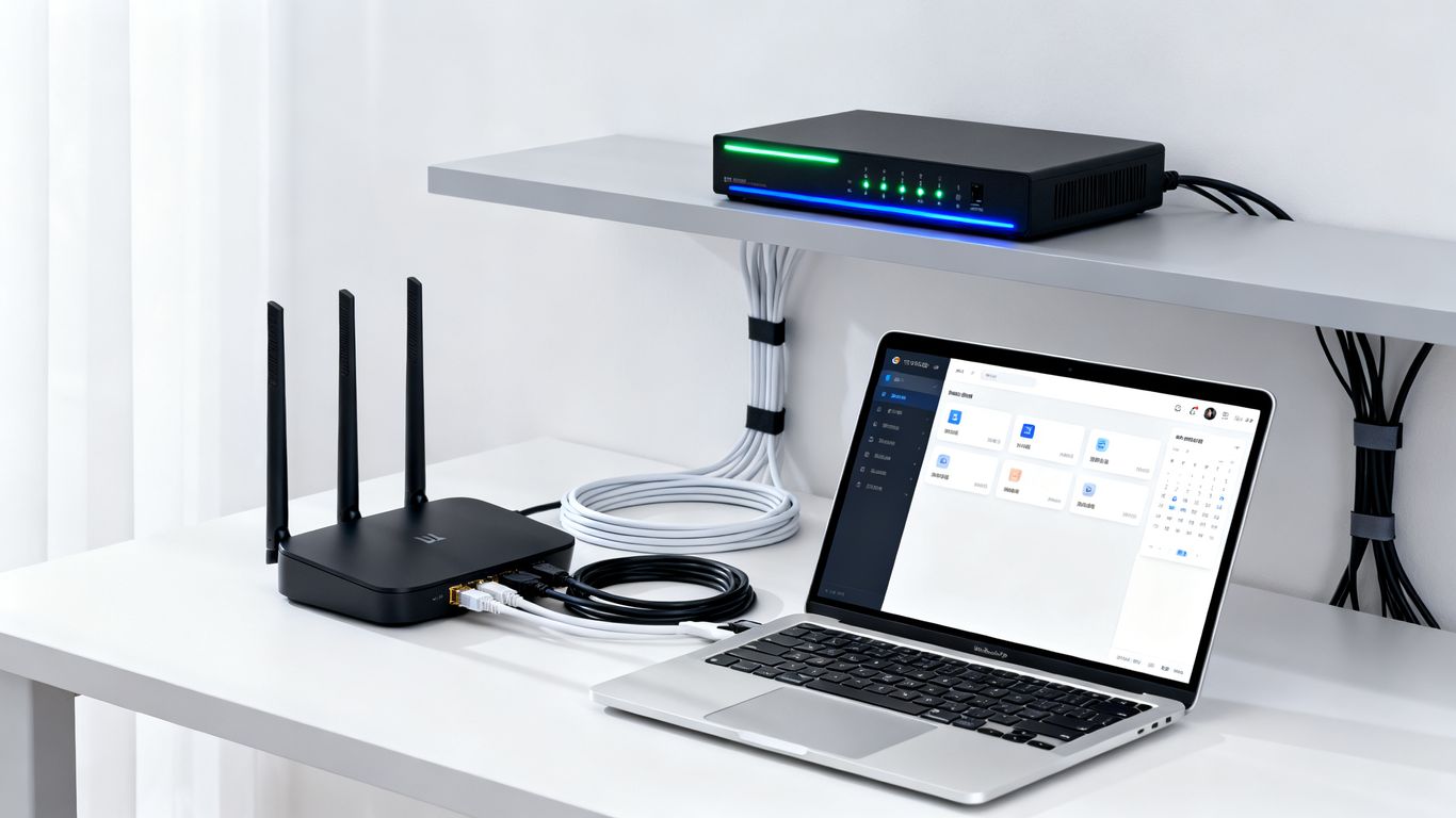 Networking equipment and cables on a desk.