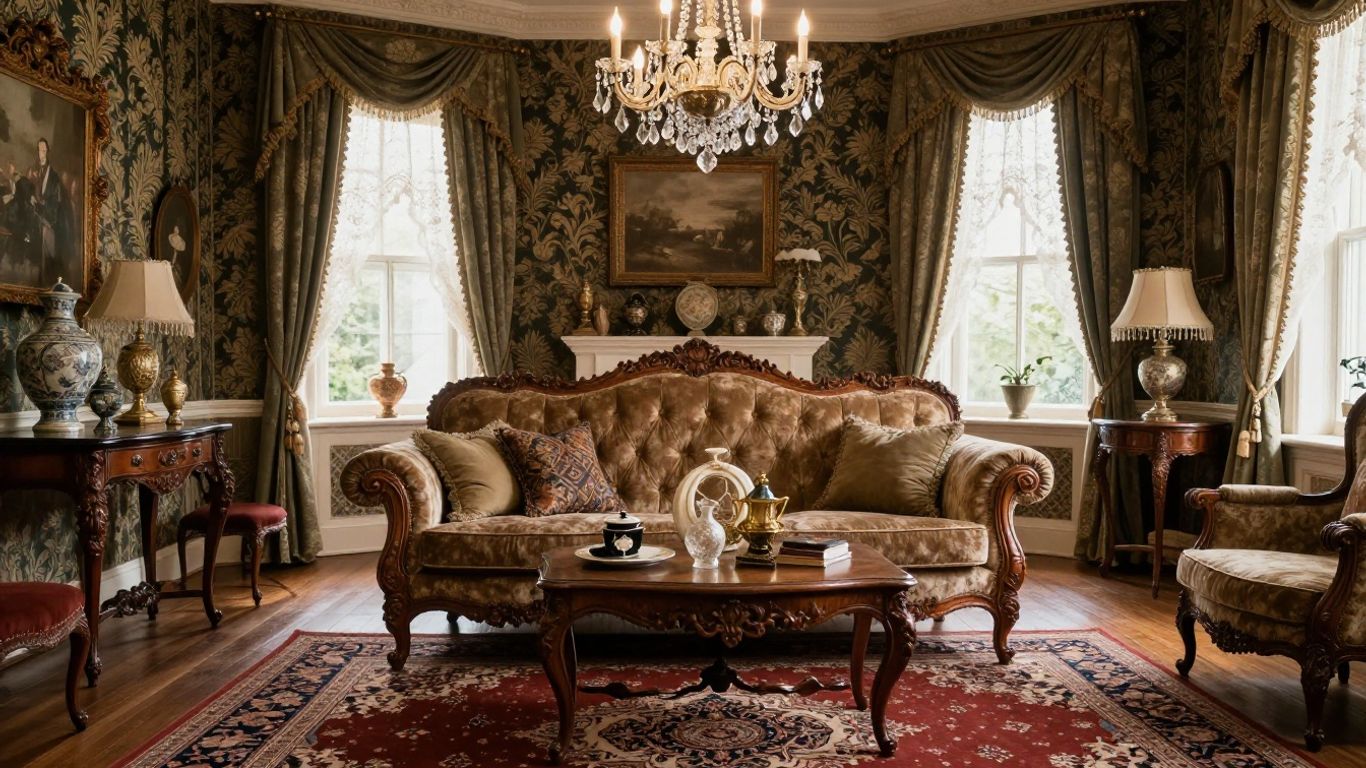 Victorian living room with ornate furniture and decor.