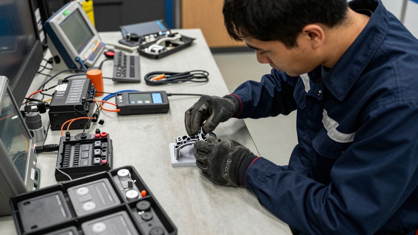 Technician inspecting used electric vehicle components