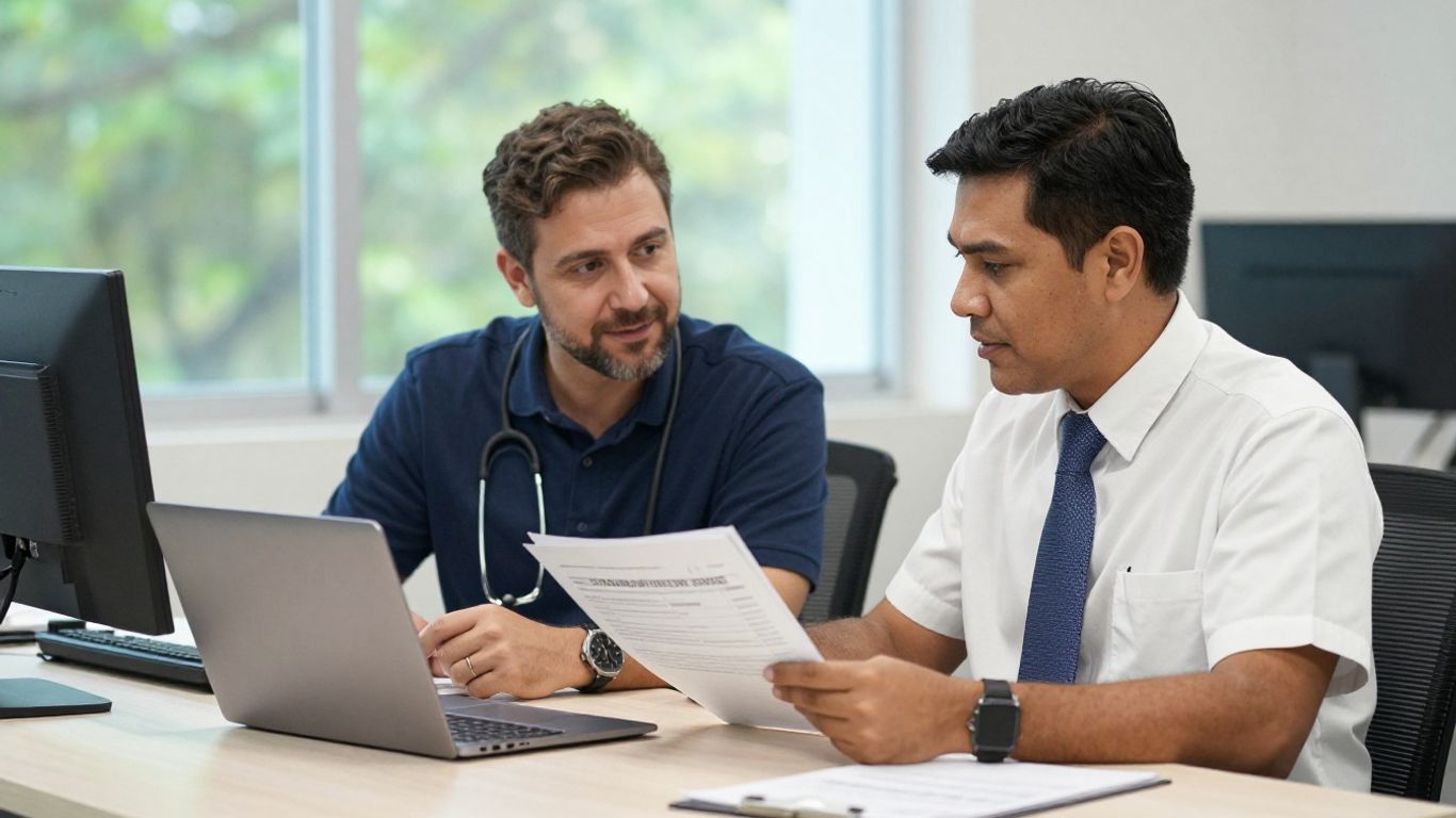 Healthcare administrator discussing billing with colleague