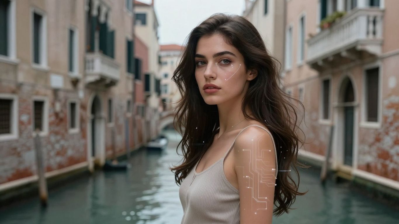 Venice AI privacy with alluring woman and digital circuits.