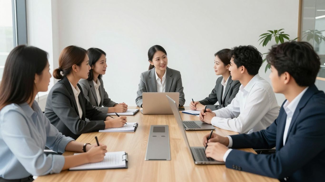 A diverse group of professionals working in a bright office