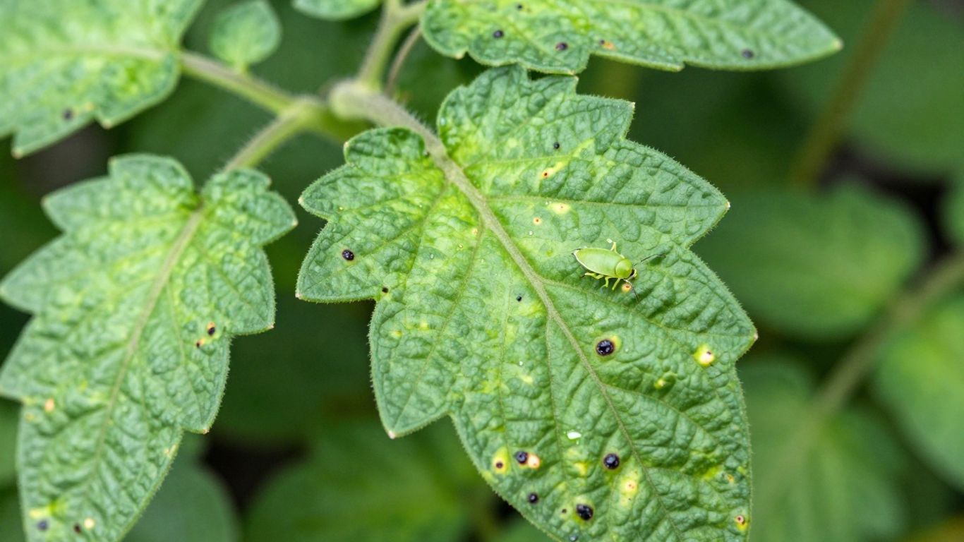 Kranke Tomatenpflanze mit Schädlingen im Juli