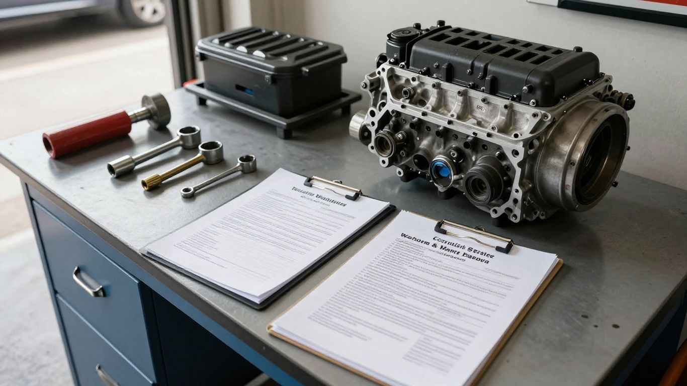 Mechanic reviewing engine warranty paperwork