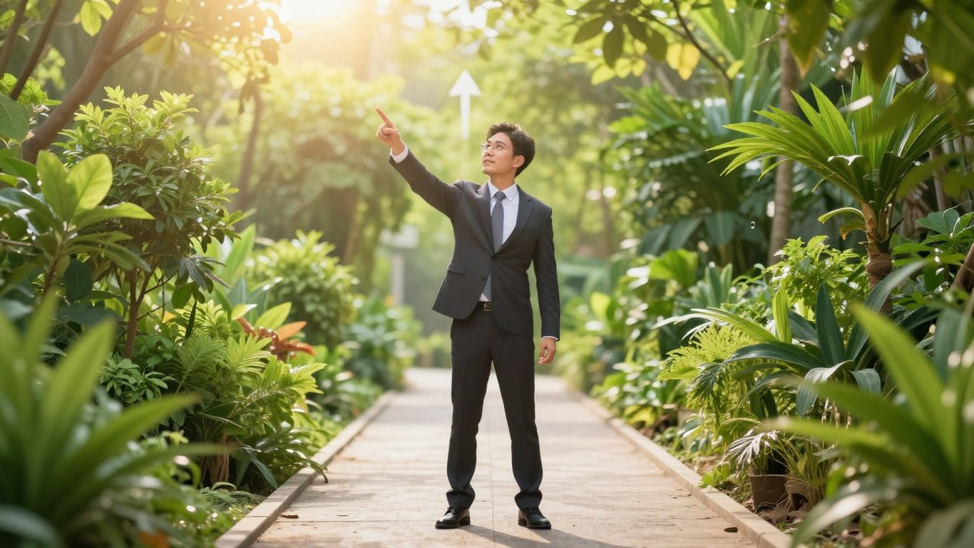 Businessperson pointing at upward digital growth path.
