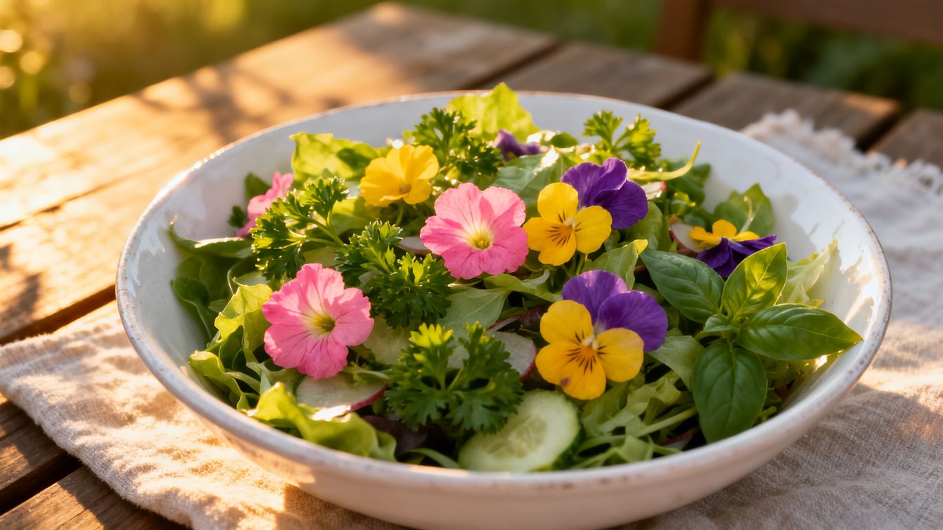 Bunter Sommersalat garniert mit frischen Gartenkräutern