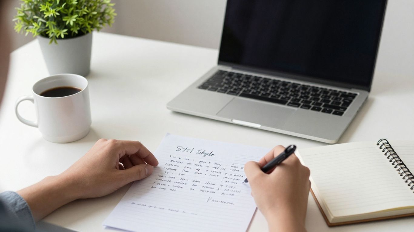 Writer reviewing natural SEO copy beside a laptop