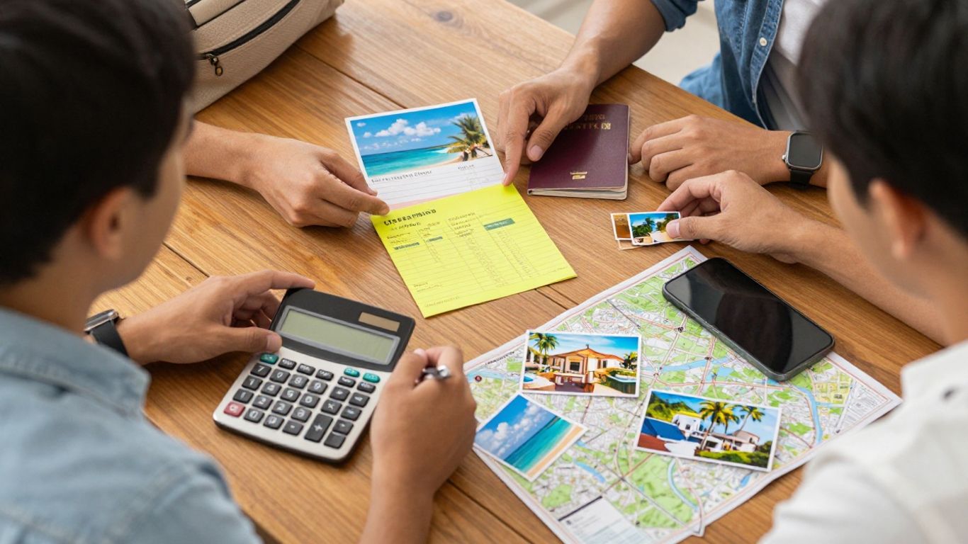Couple comparing vacation package costs beside travel maps