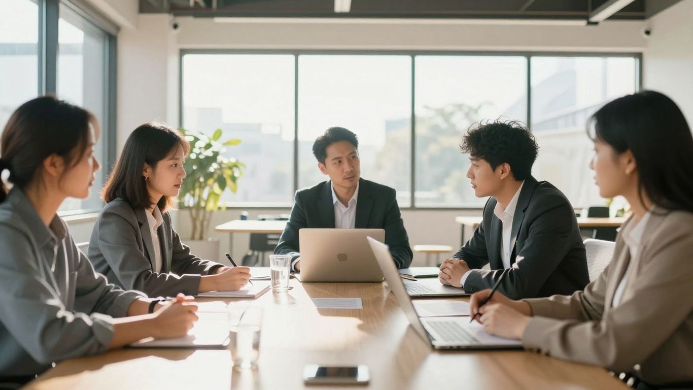 Business professionals collaborating on growth strategies in a modern office.