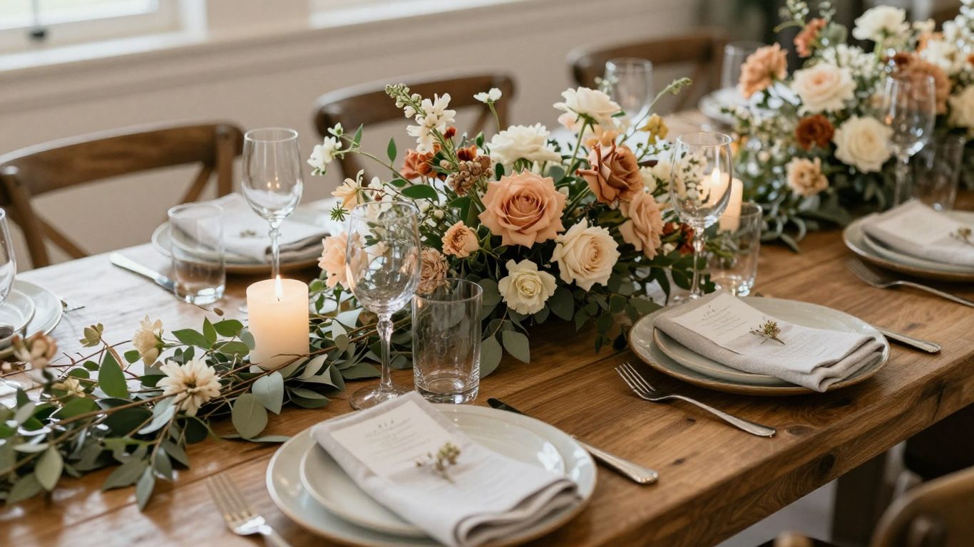 Wedding reception flowers in warm coastal tones