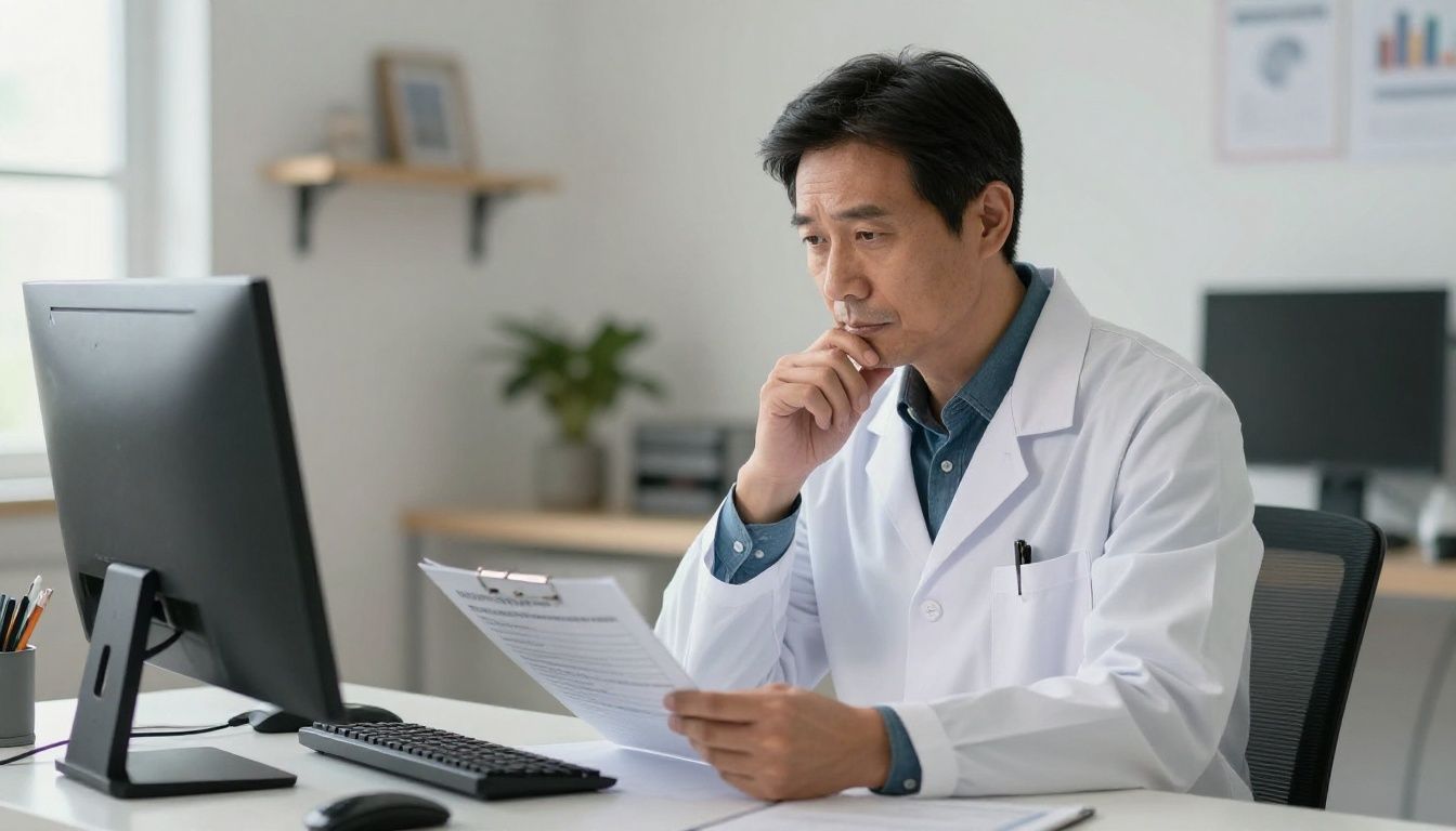 A man in his 40s looking thoughtfully at a lab report in a well-lit, modern home office