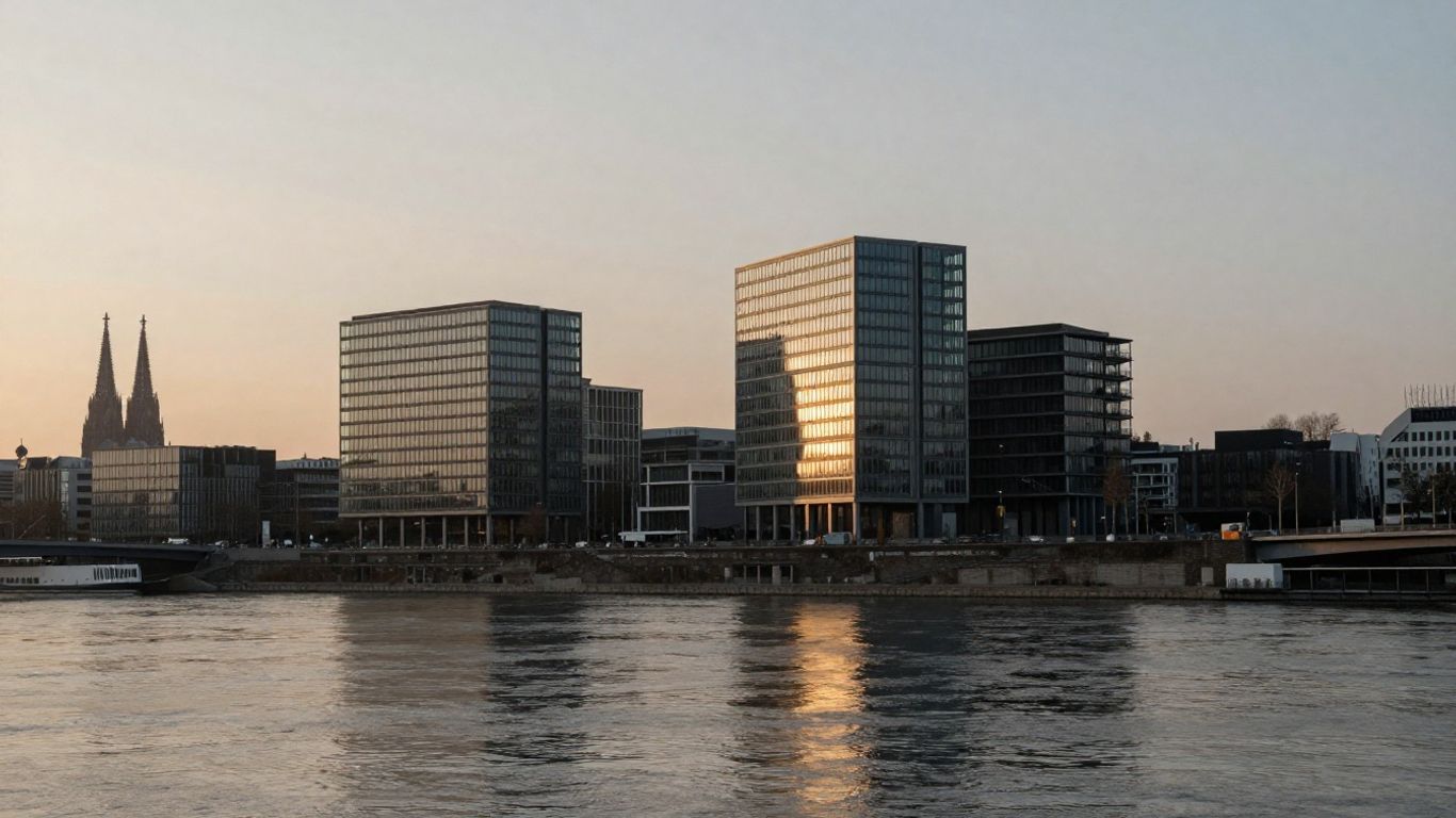 Moderne Kölner Bürogebäude am Rhein im goldenen Morgenlicht. Steuerberater Köln: Porz, Kalk, Ehrenfeld & Mülheim