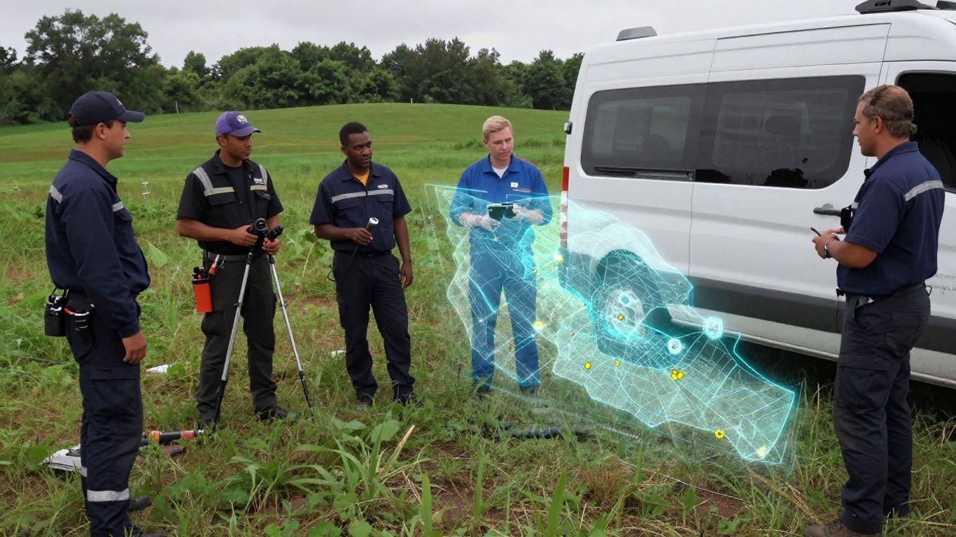Field technicians and a GPS map overlay.