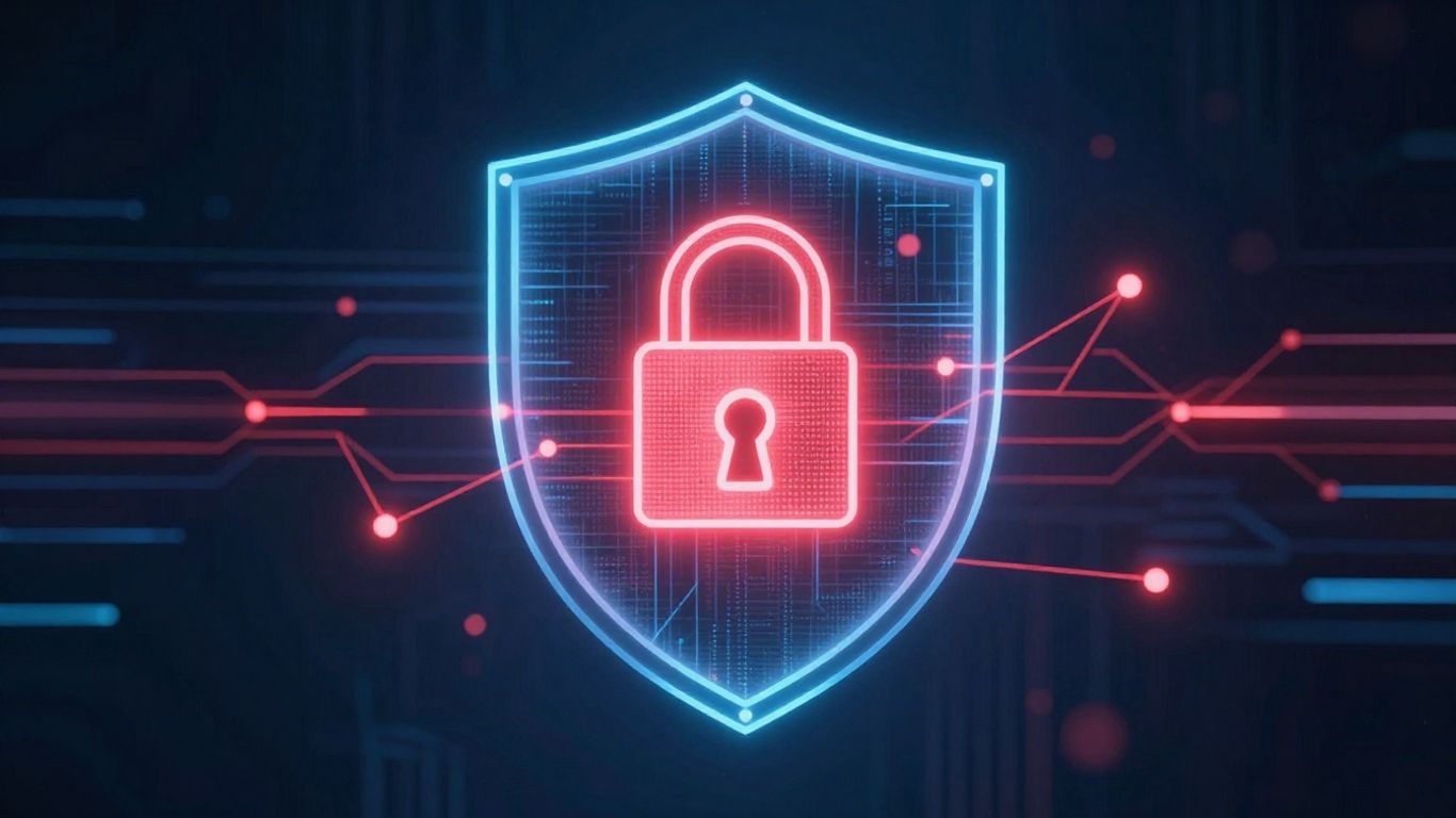 Cybersecurity shield with lock icon and red alerts.